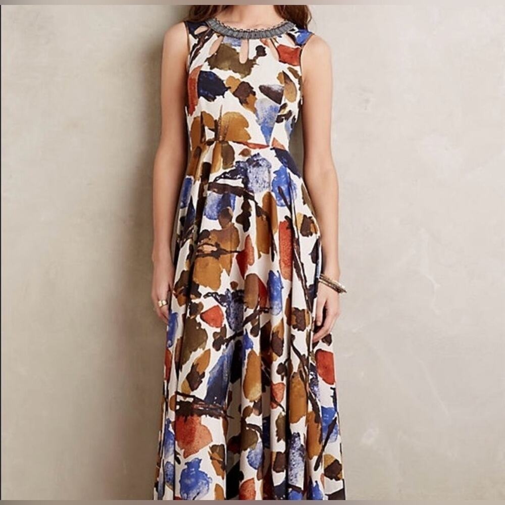 RARE Anthropologie Ranna Gill Finola Maxi Beaded Floral Fall Colors Dress- Small
